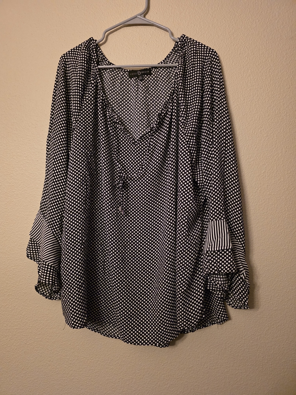 Fred David Black and White Polka Dot Tie-Neck Blouse